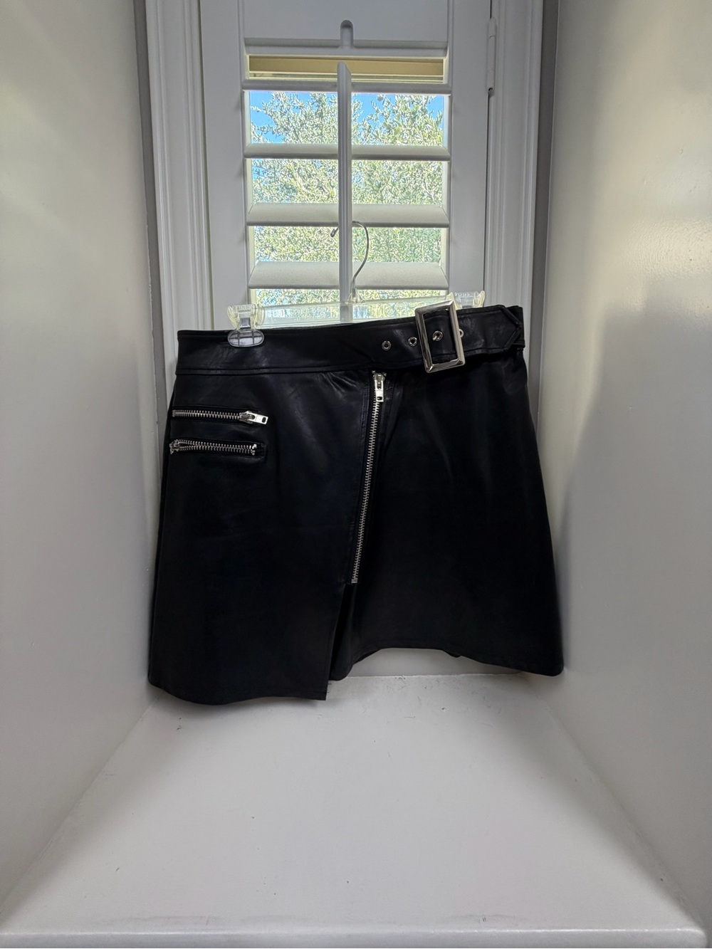 Sage Black Faux Leather Mini Skirt with Belt & Zip Details